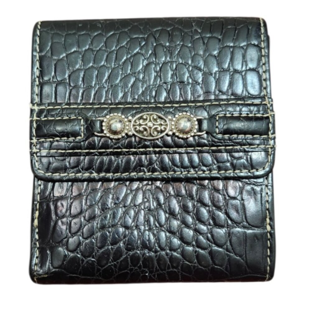 Brighton Black Leather Croc Embossed Wallet Trifold Organizer Snap Closure Pink